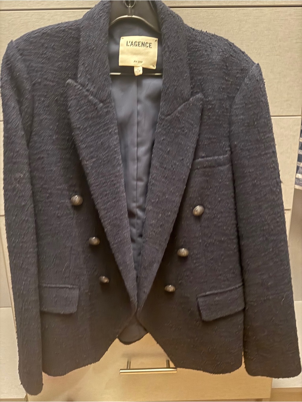 L'AGENCE Double-Breasted Navy Textured Blazer